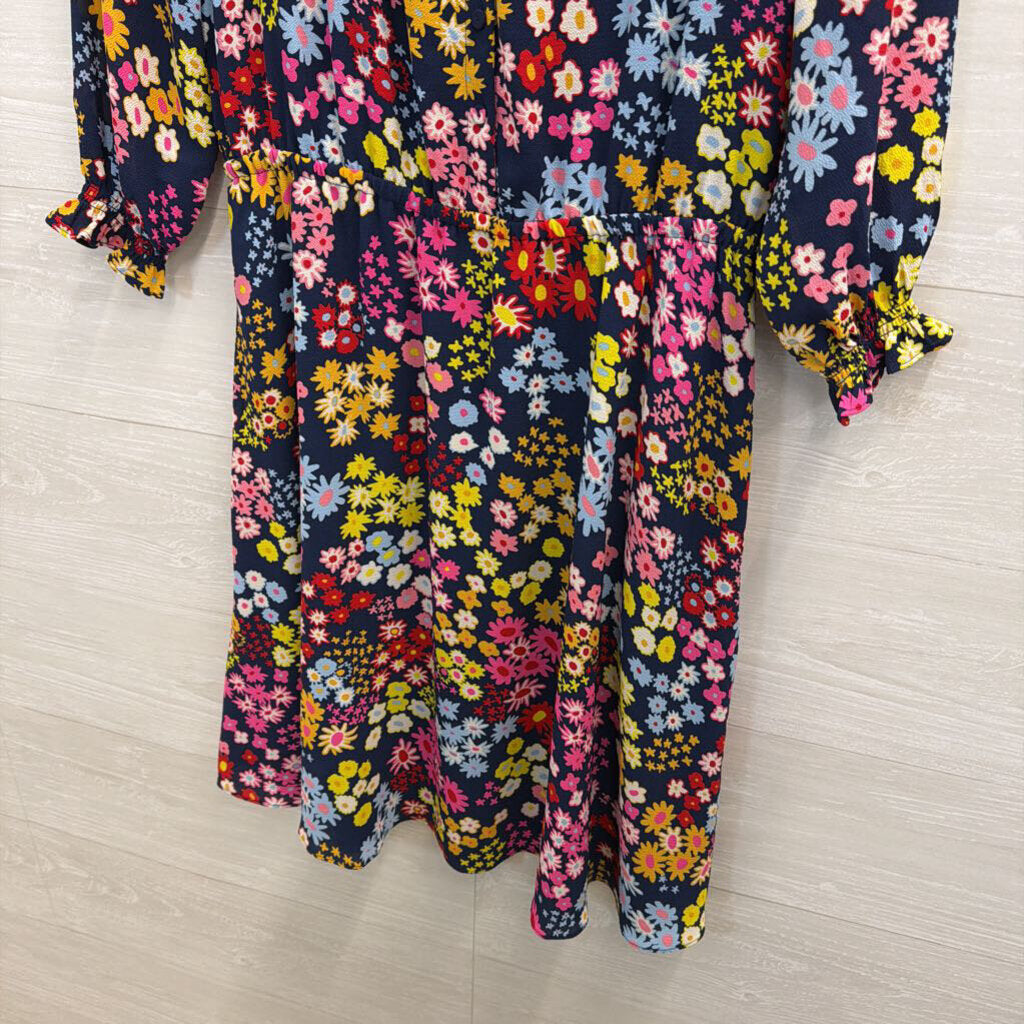 Talbots Navy/ Multi Floral Print Long Sleeve Dress Medium Peitite