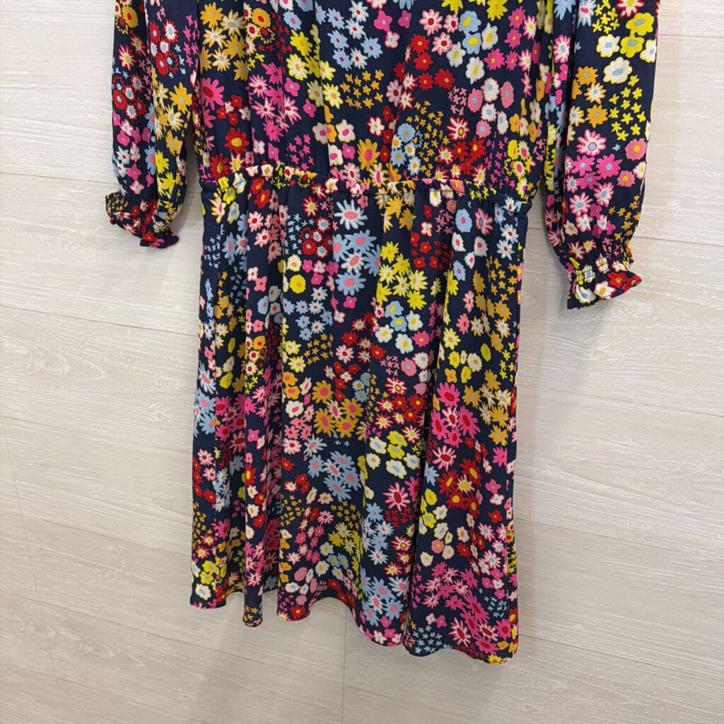 Talbots Navy/ Multi Floral Print Long Sleeve Dress Medium Peitite