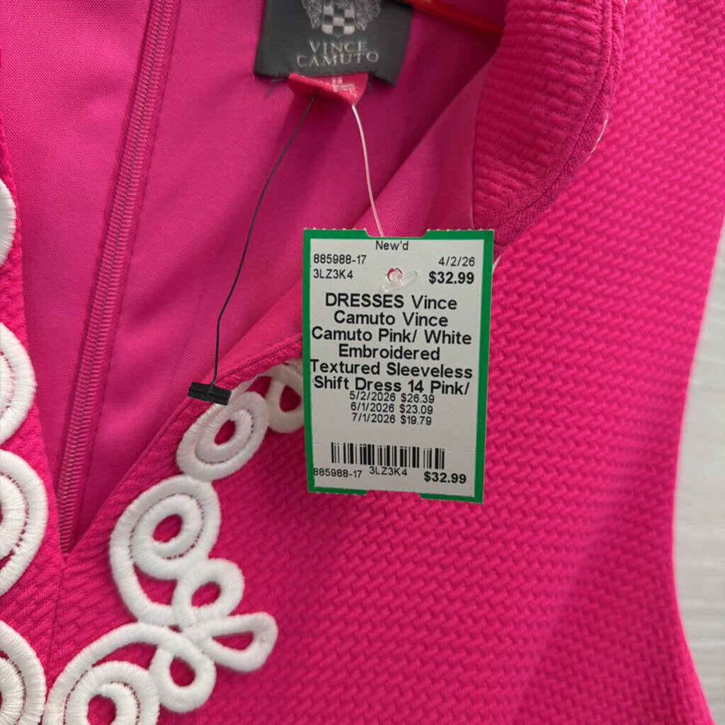 Vince Camuto Pink/ White Embroidered Textured Sleeveless Shift Dress 14