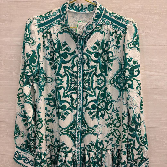 White/ Green Print Long Sleeve Maxi Dress Large