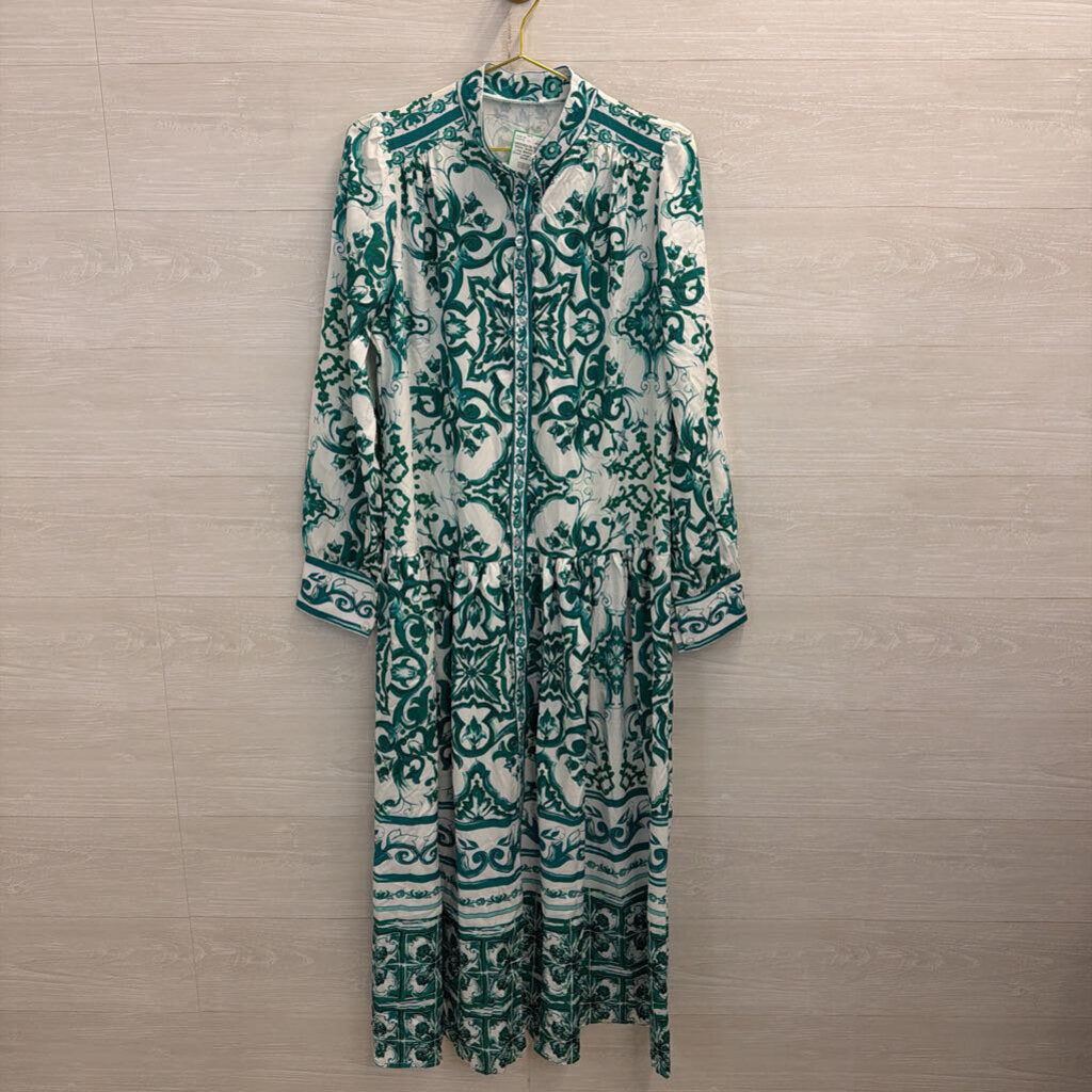 White/ Green Print Long Sleeve Maxi Dress Large