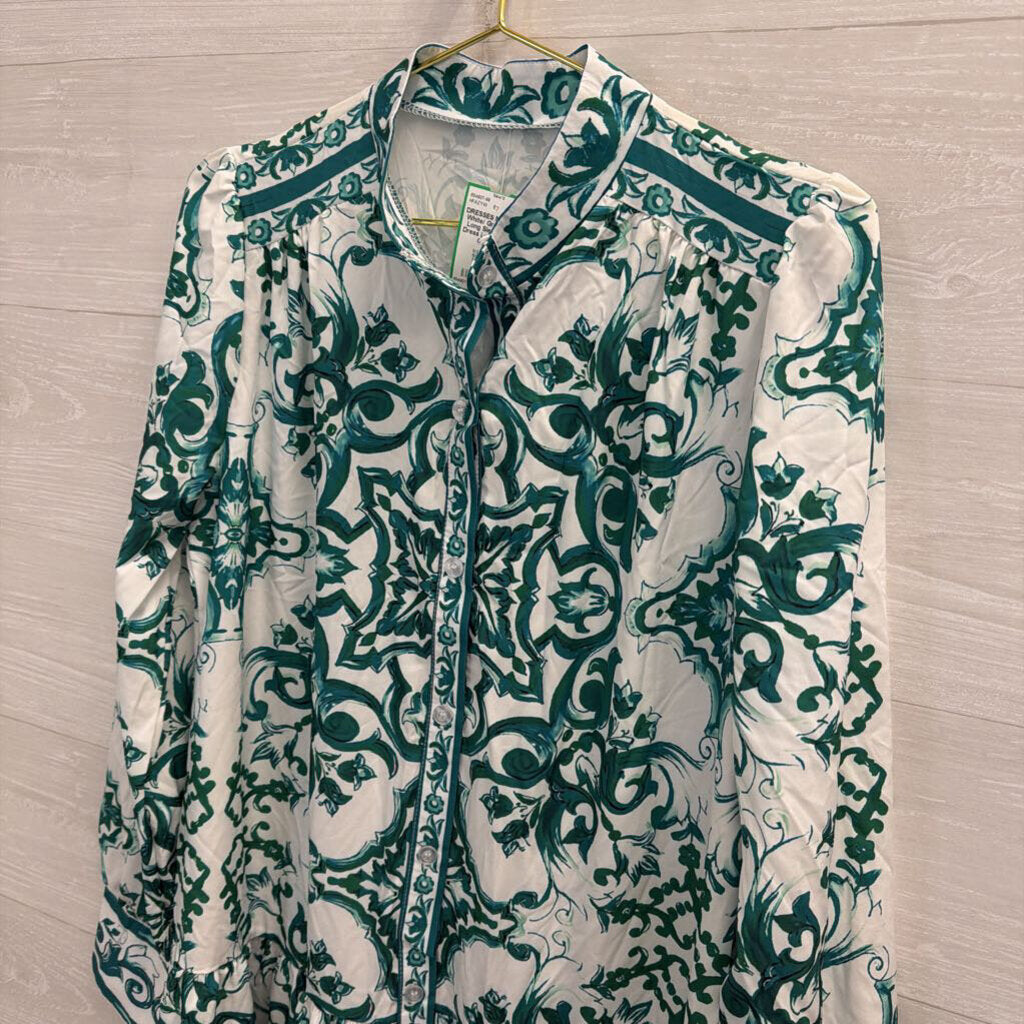 White/ Green Print Long Sleeve Maxi Dress Large