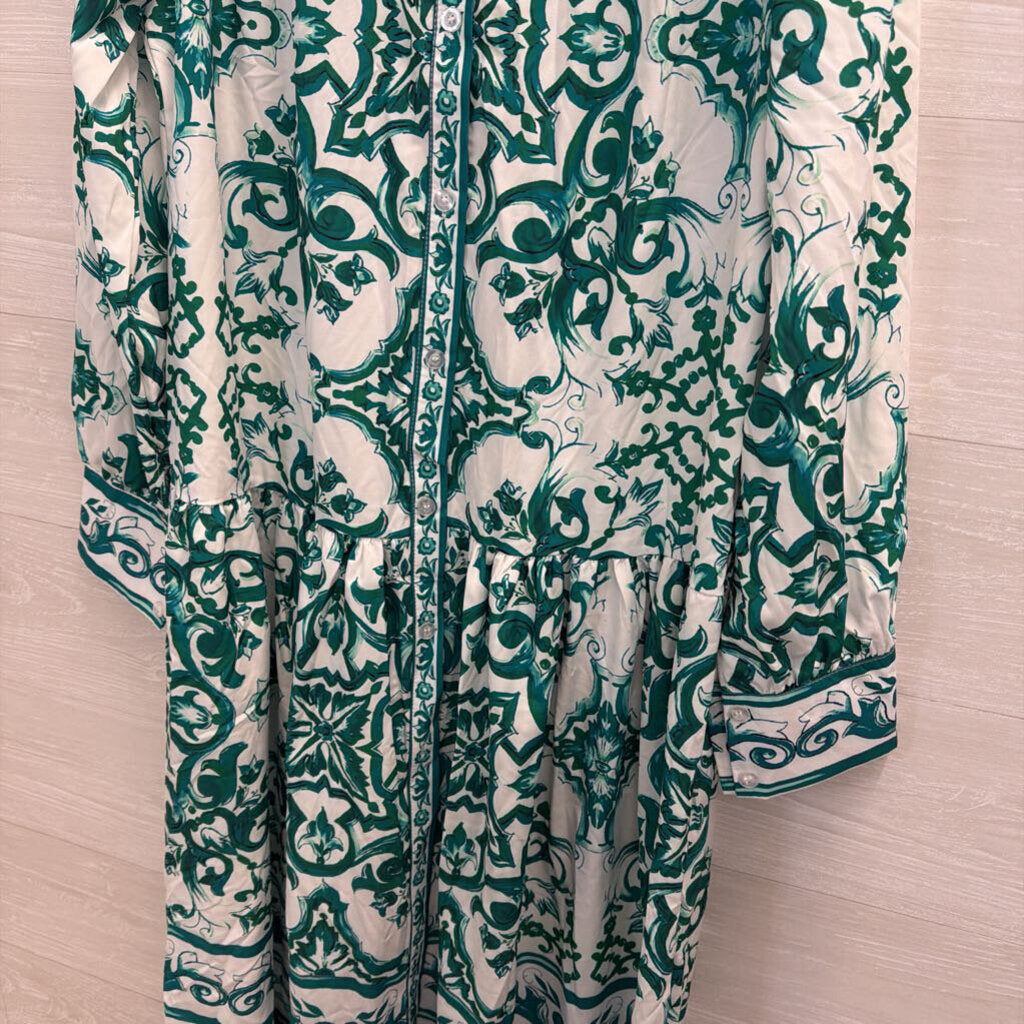 White/ Green Print Long Sleeve Maxi Dress Large