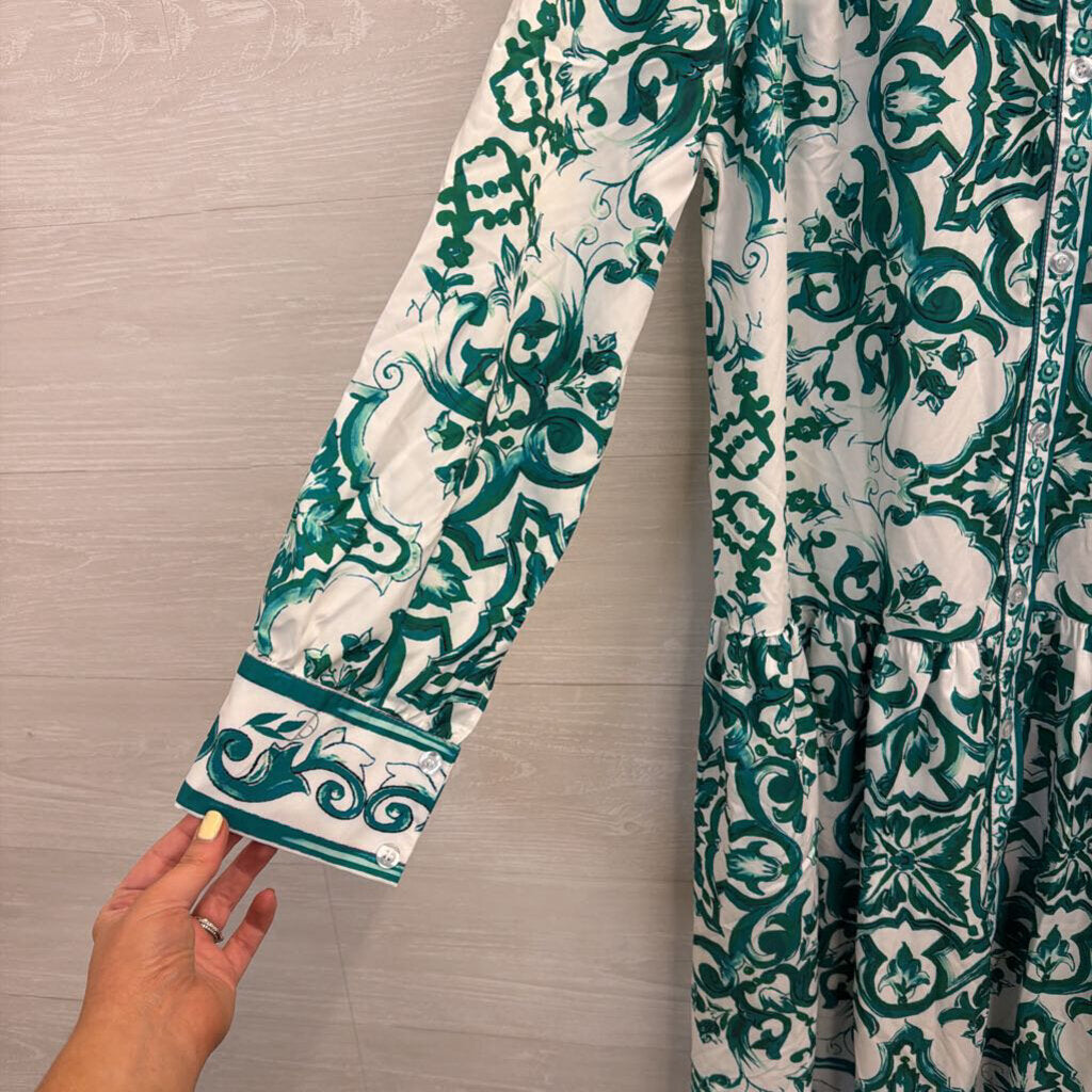 White/ Green Print Long Sleeve Maxi Dress Large