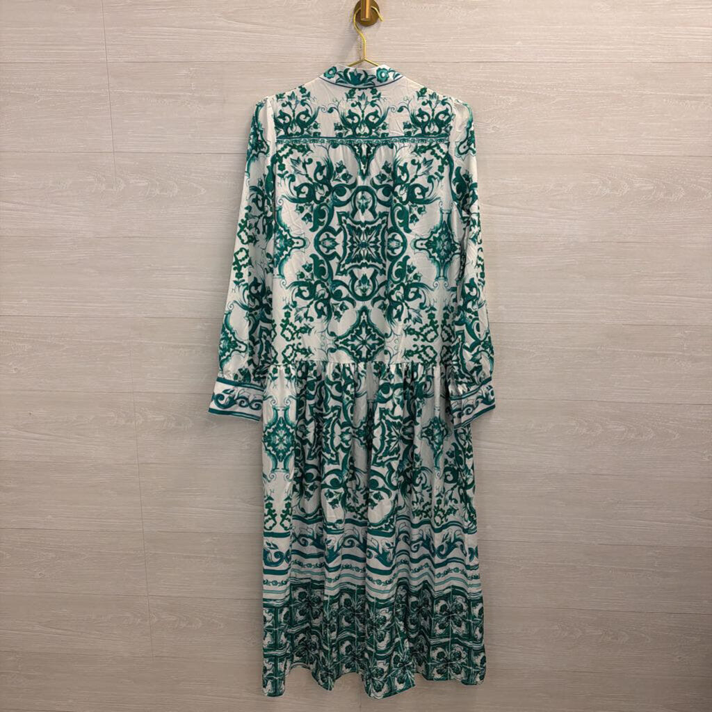 White/ Green Print Long Sleeve Maxi Dress Large