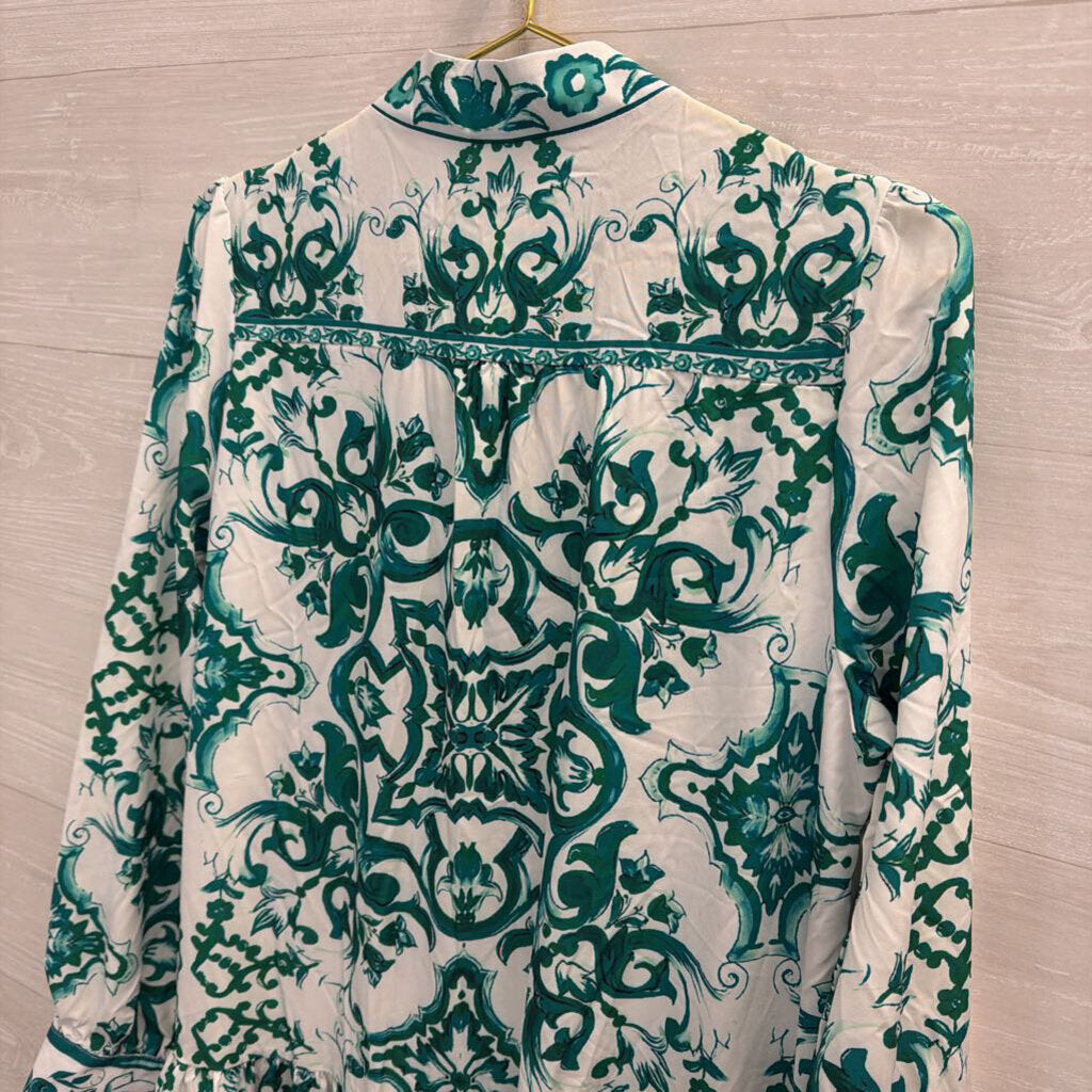 White/ Green Print Long Sleeve Maxi Dress Large