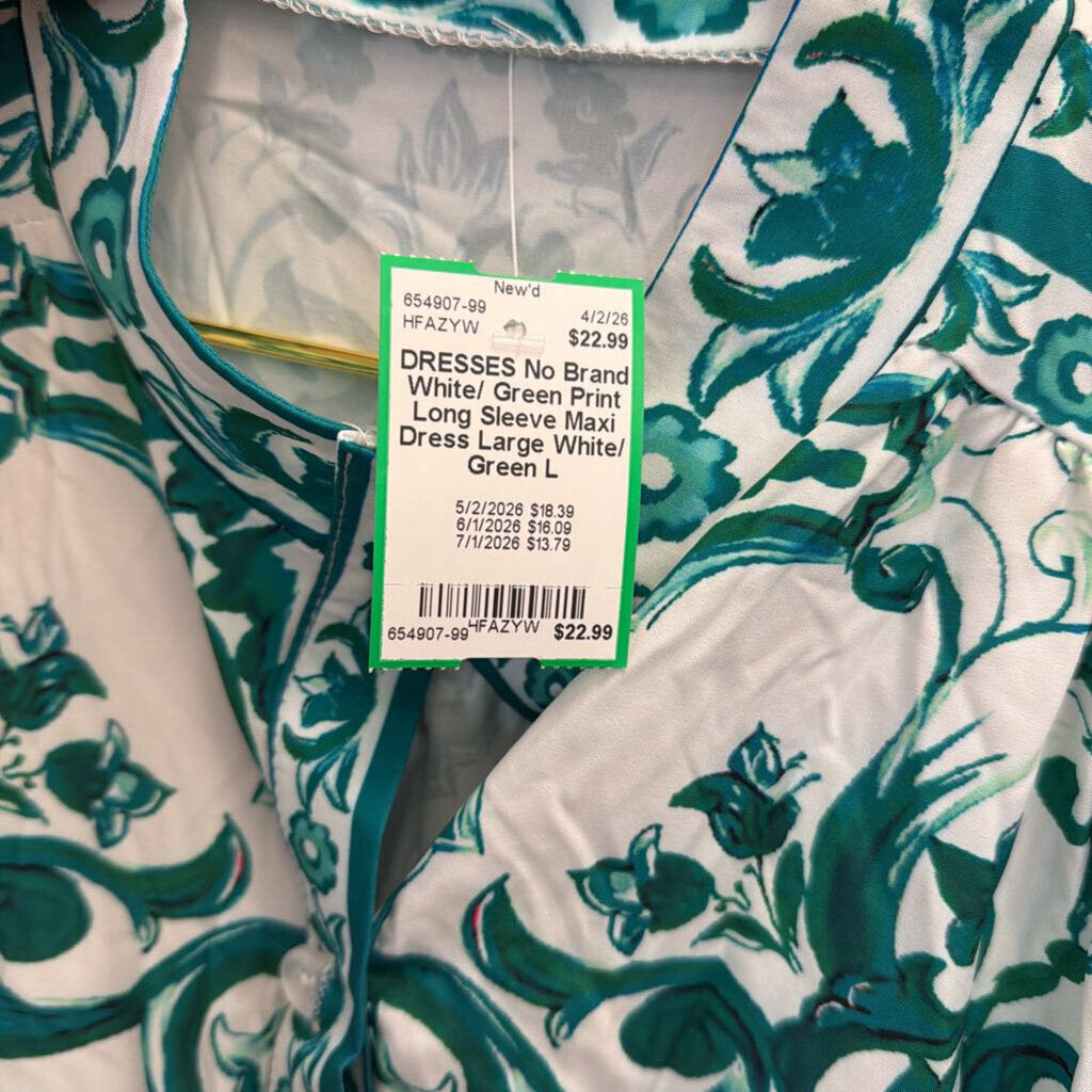 White/ Green Print Long Sleeve Maxi Dress Large