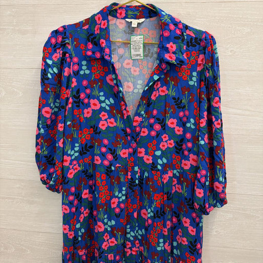 Crown and Ivy Blue/ Multi Print Long Sleeve Button Front Maxi Dress Large