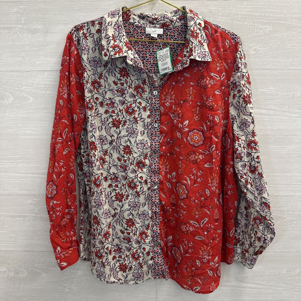 J Jill Red/ White Print Long Sleeve Button Down Top 2X