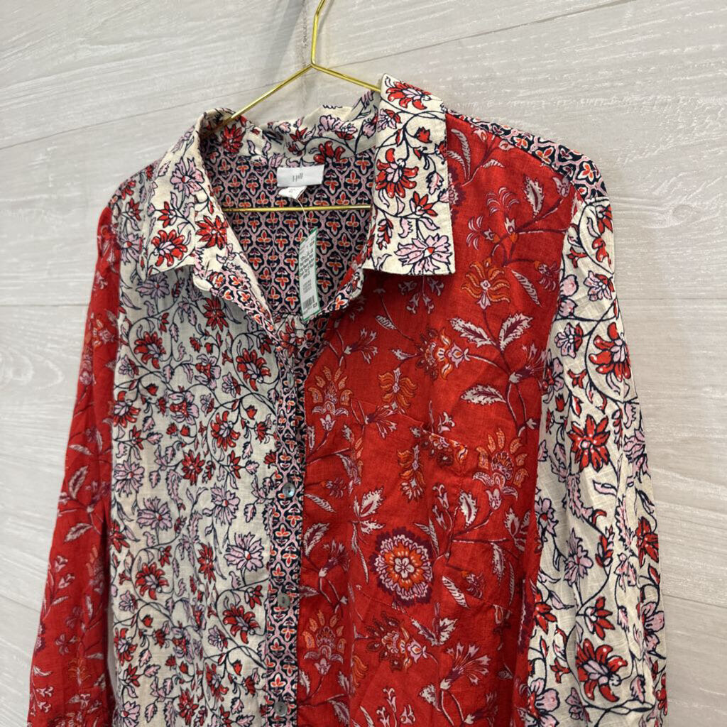 J Jill Red/ White Print Long Sleeve Button Down Top 2X