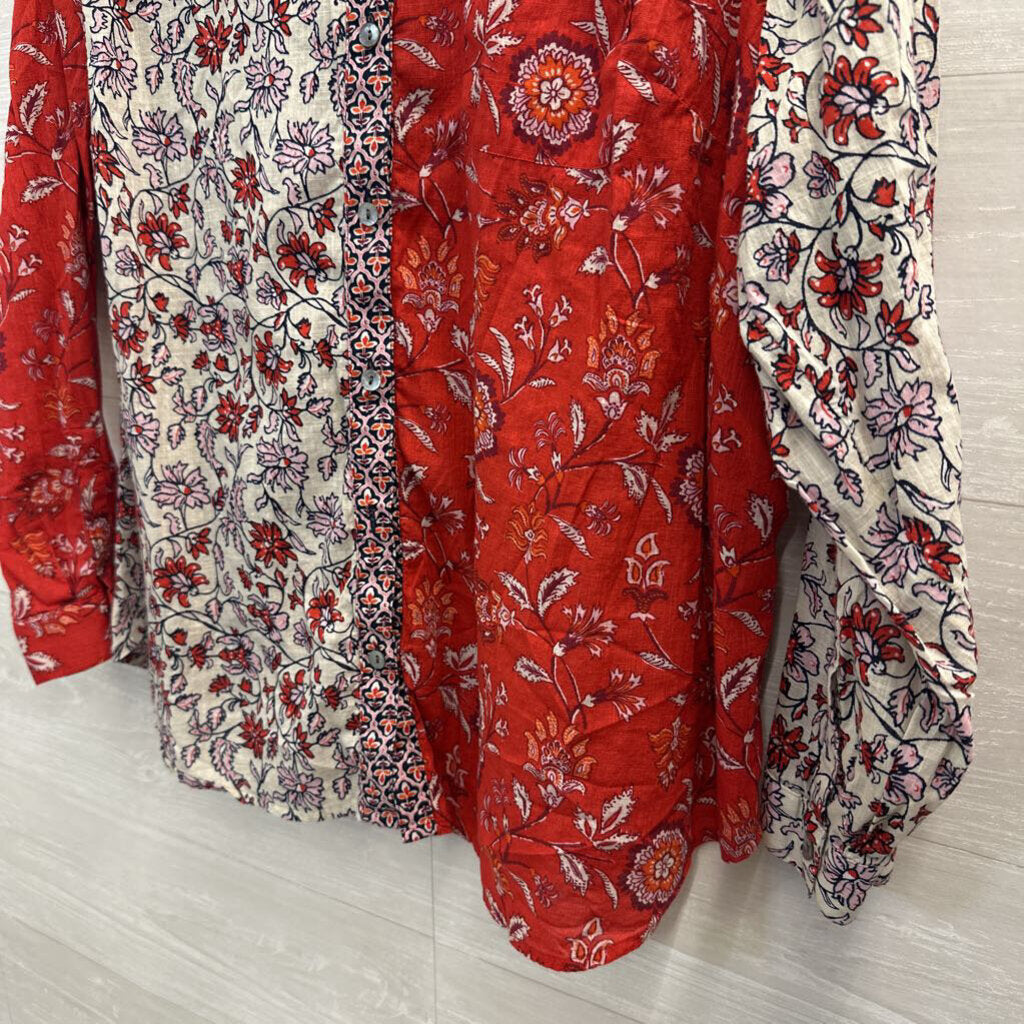 J Jill Red/ White Print Long Sleeve Button Down Top 2X