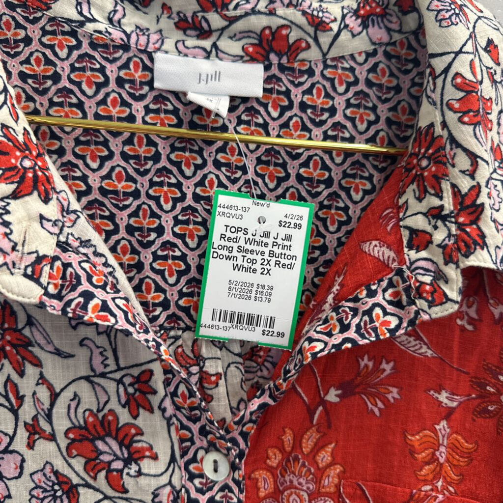 J Jill Red/ White Print Long Sleeve Button Down Top 2X