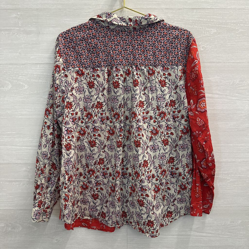J Jill Red/ White Print Long Sleeve Button Down Top 2X