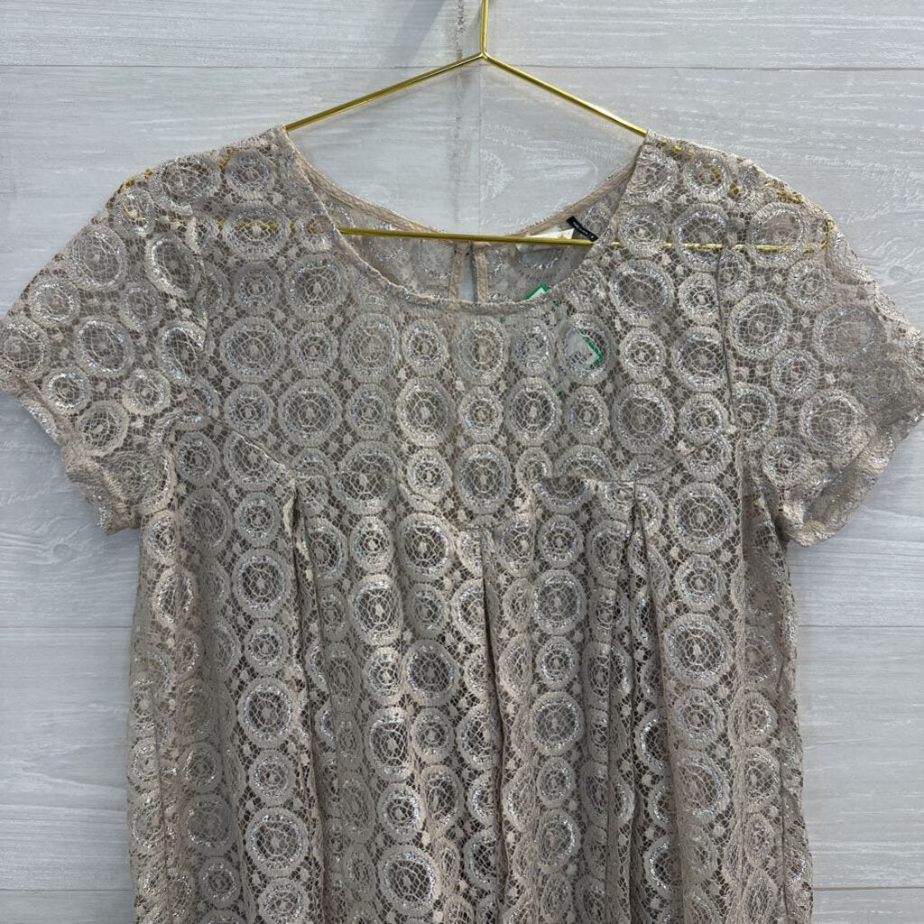 Akemi and Kin Gold Lace Sheer Short Sleeve Top Medium