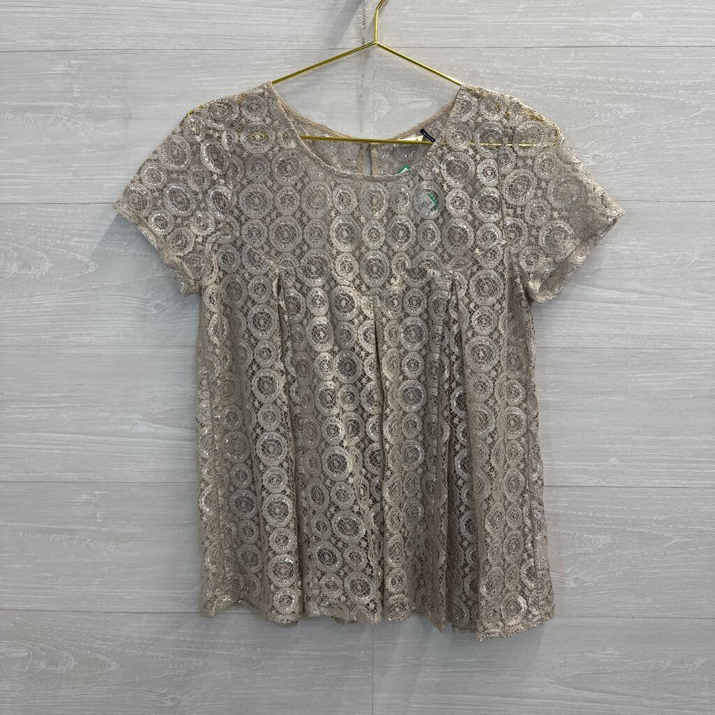 Akemi and Kin Gold Lace Sheer Short Sleeve Top Medium