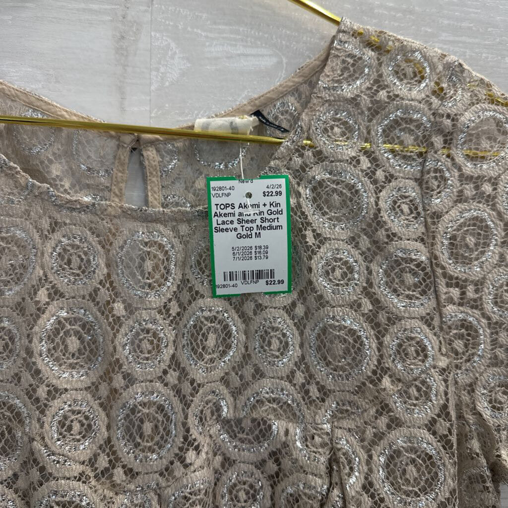 Akemi and Kin Gold Lace Sheer Short Sleeve Top Medium
