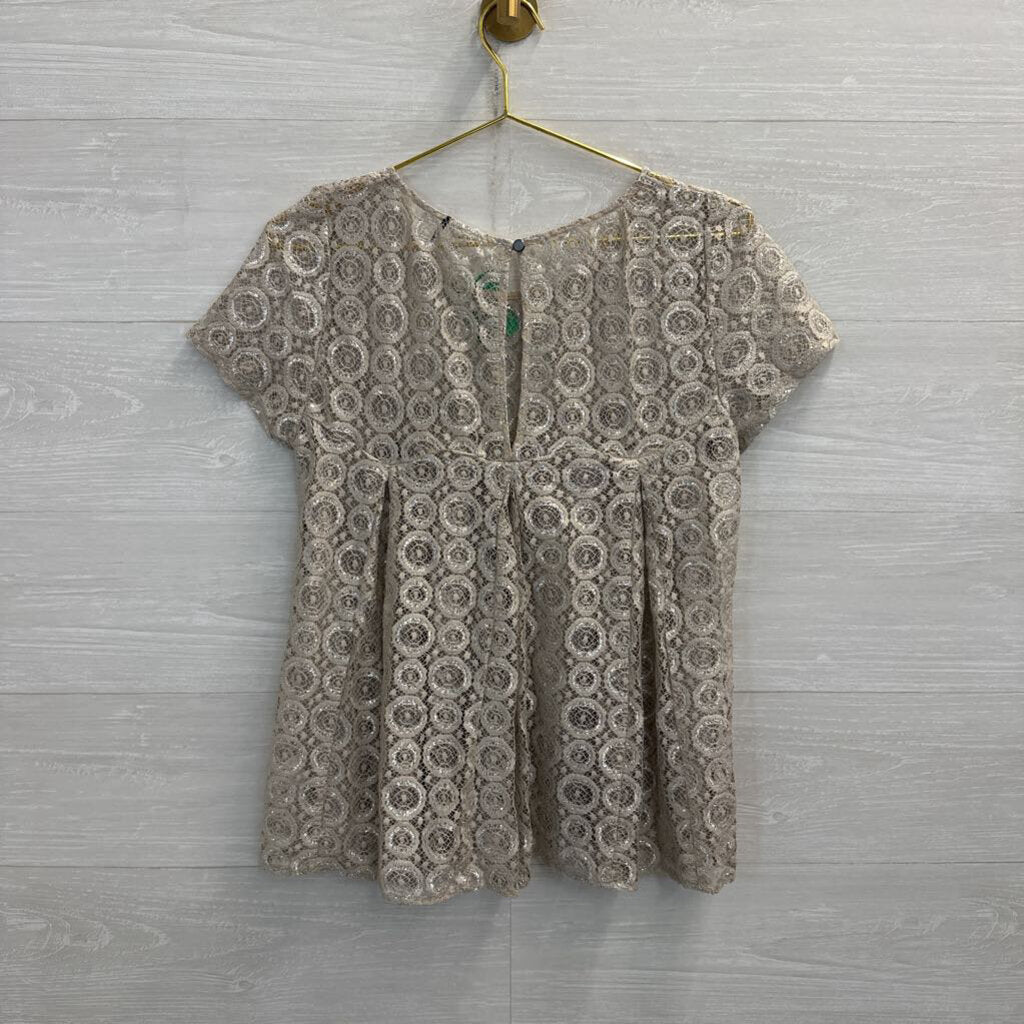 Akemi and Kin Gold Lace Sheer Short Sleeve Top Medium