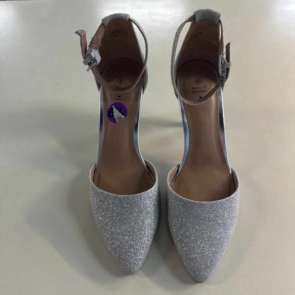 Call It Spring Silver Sparkle Close Toe Ankle Strap Heels 6.5