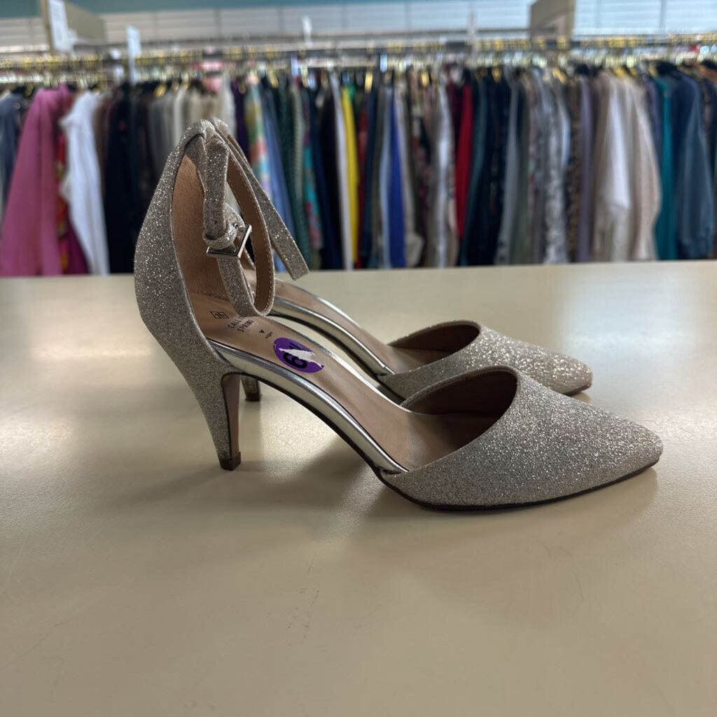 Call It Spring Silver Sparkle Close Toe Ankle Strap Heels 6.5