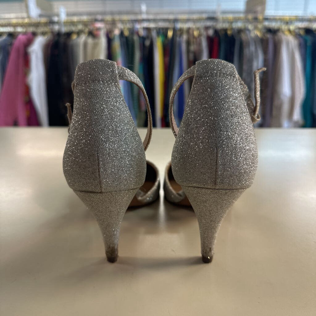 Call It Spring Silver Sparkle Close Toe Ankle Strap Heels 6.5