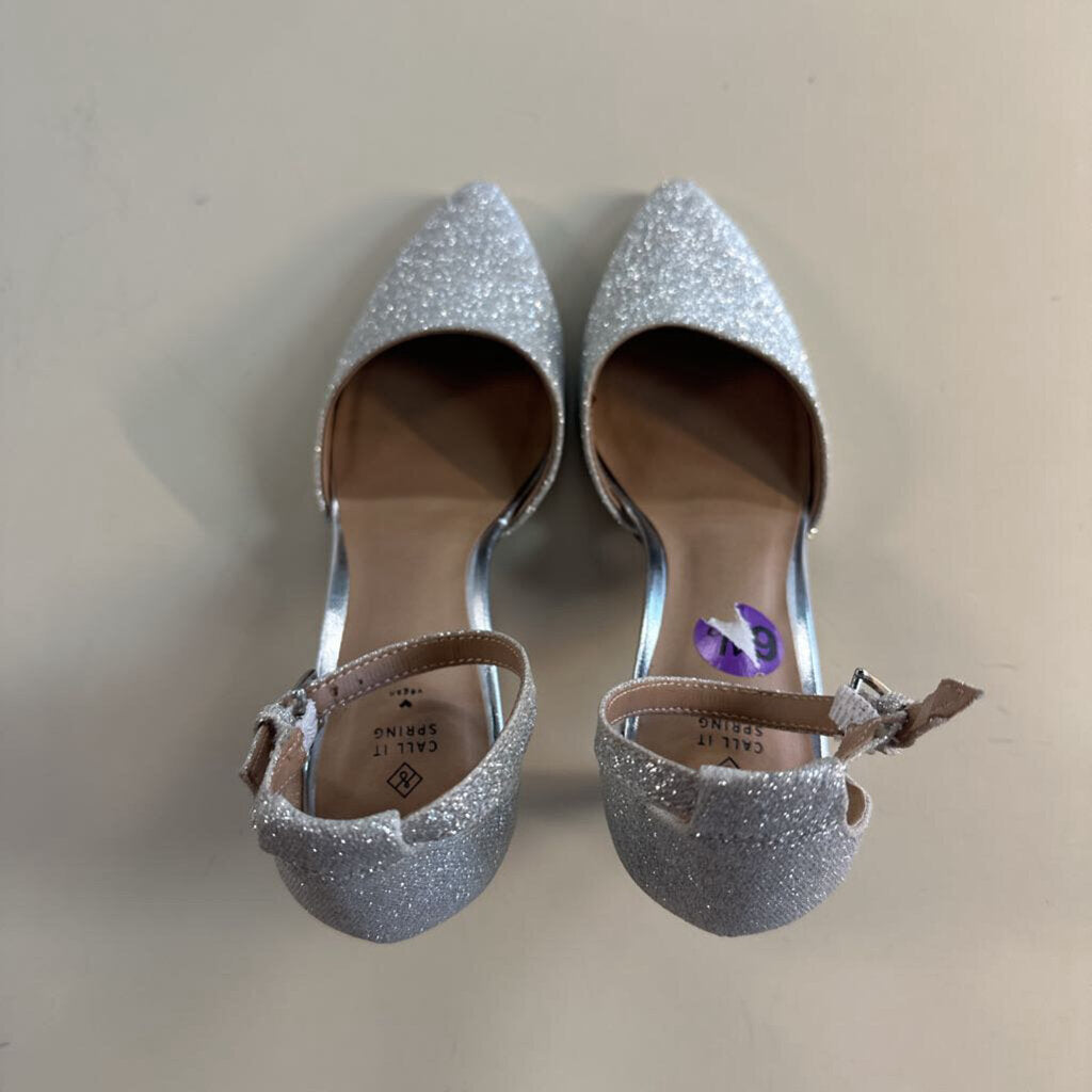 Call It Spring Silver Sparkle Close Toe Ankle Strap Heels 6.5