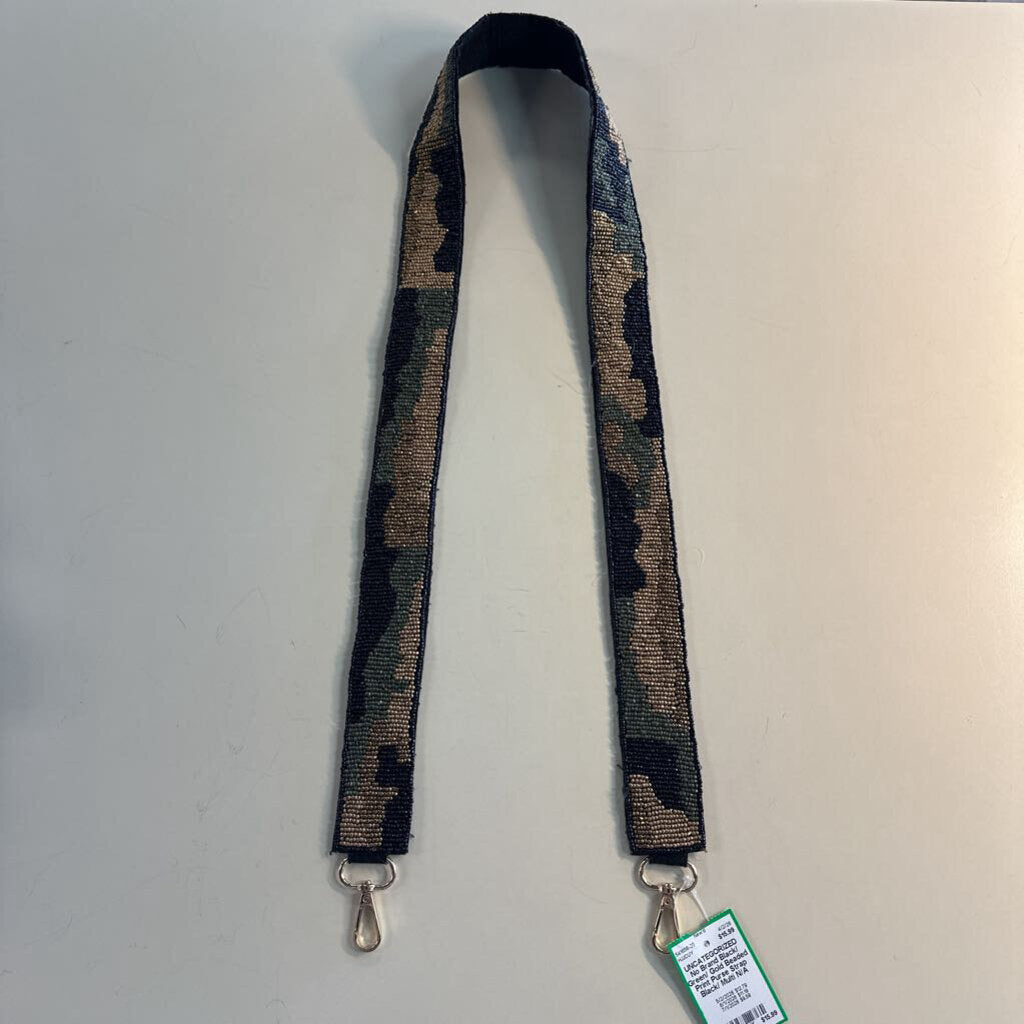 Black/ Green/ Gold Beaded Print Purse Strap