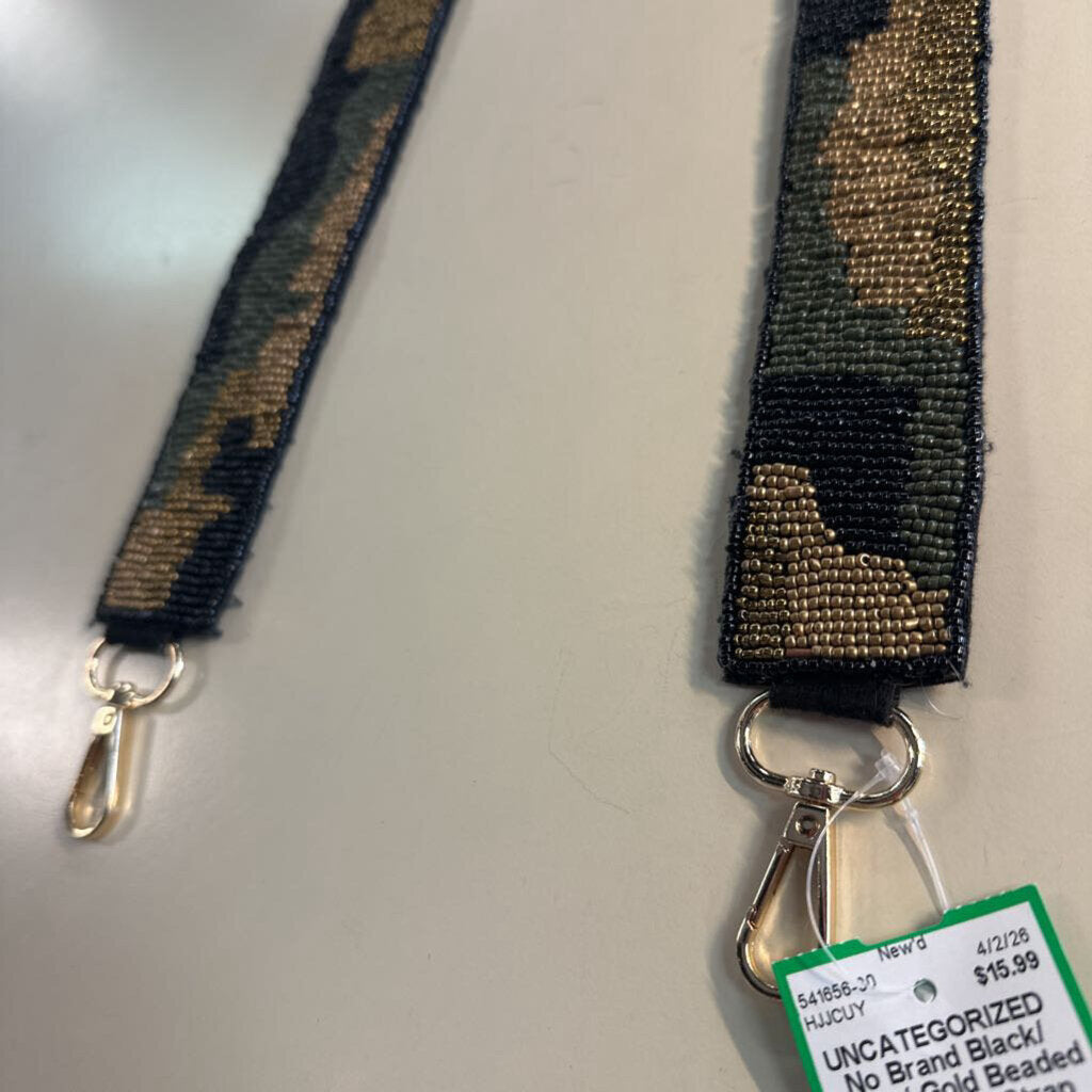 Black/ Green/ Gold Beaded Print Purse Strap