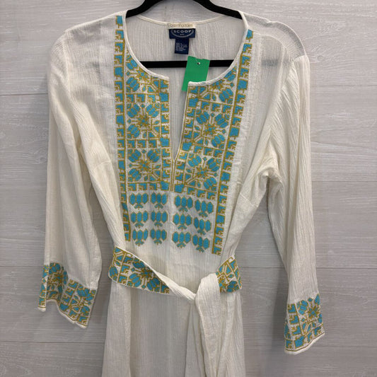 Scoop NYC White/ Blue Embroidered 100% Cotton Long Sleeve Tie Waist Dress Medium