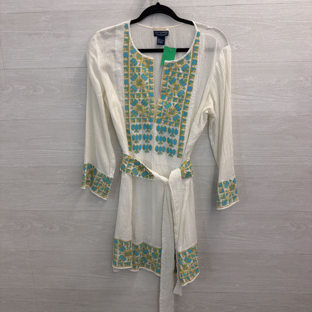Scoop NYC White/ Blue Embroidered 100% Cotton Long Sleeve Tie Waist Dress Medium