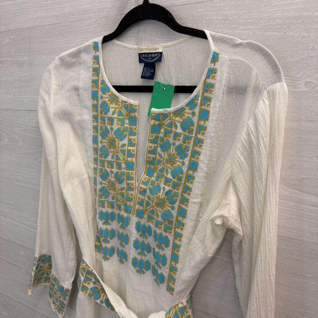 Scoop NYC White/ Blue Embroidered 100% Cotton Long Sleeve Tie Waist Dress Medium