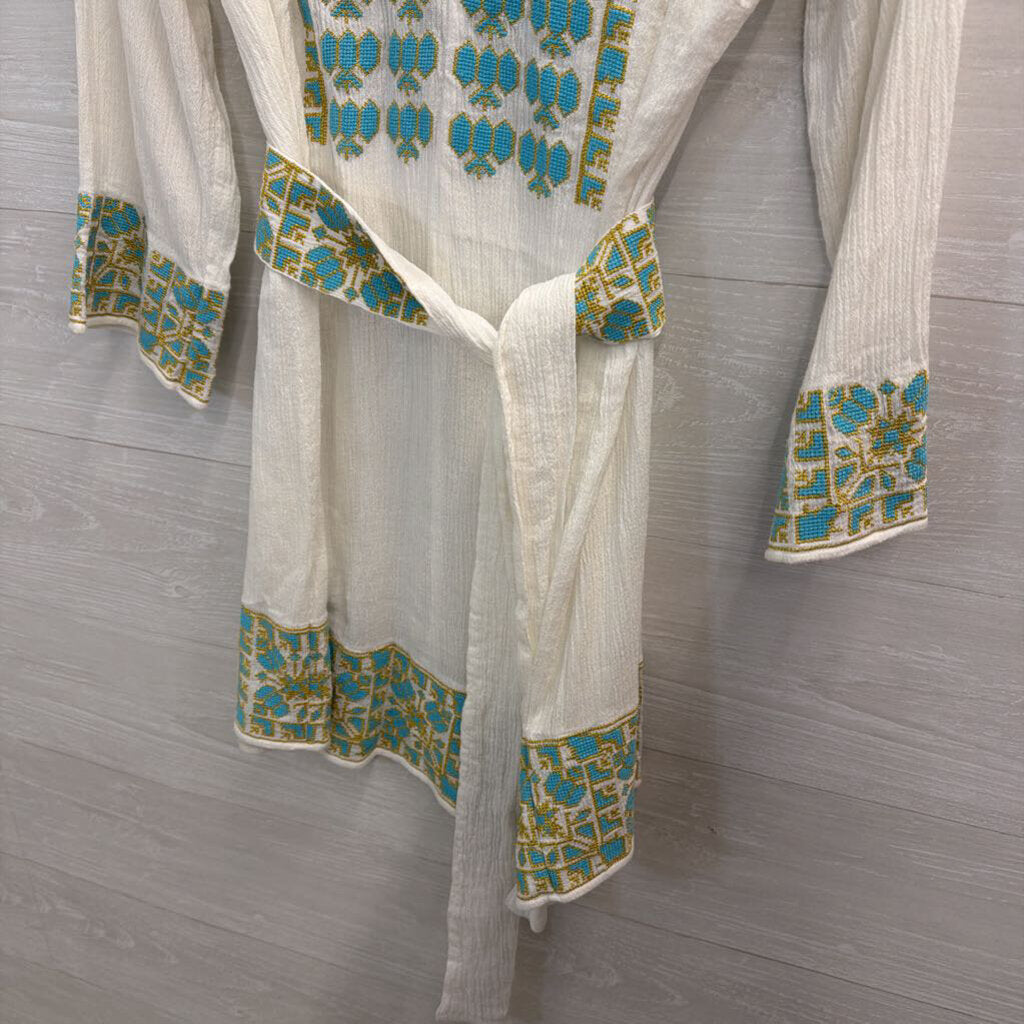 Scoop NYC White/ Blue Embroidered 100% Cotton Long Sleeve Tie Waist Dress Medium