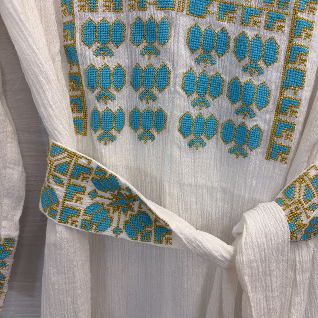 Scoop NYC White/ Blue Embroidered 100% Cotton Long Sleeve Tie Waist Dress Medium