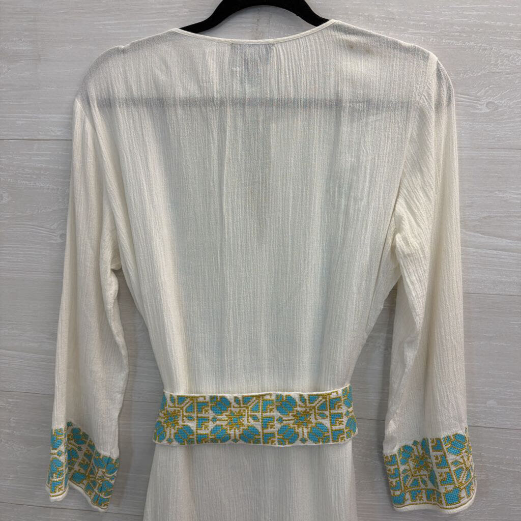 Scoop NYC White/ Blue Embroidered 100% Cotton Long Sleeve Tie Waist Dress Medium