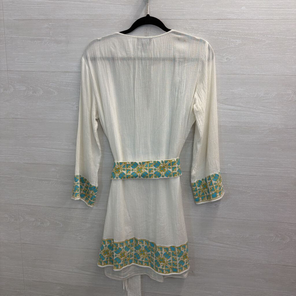 Scoop NYC White/ Blue Embroidered 100% Cotton Long Sleeve Tie Waist Dress Medium