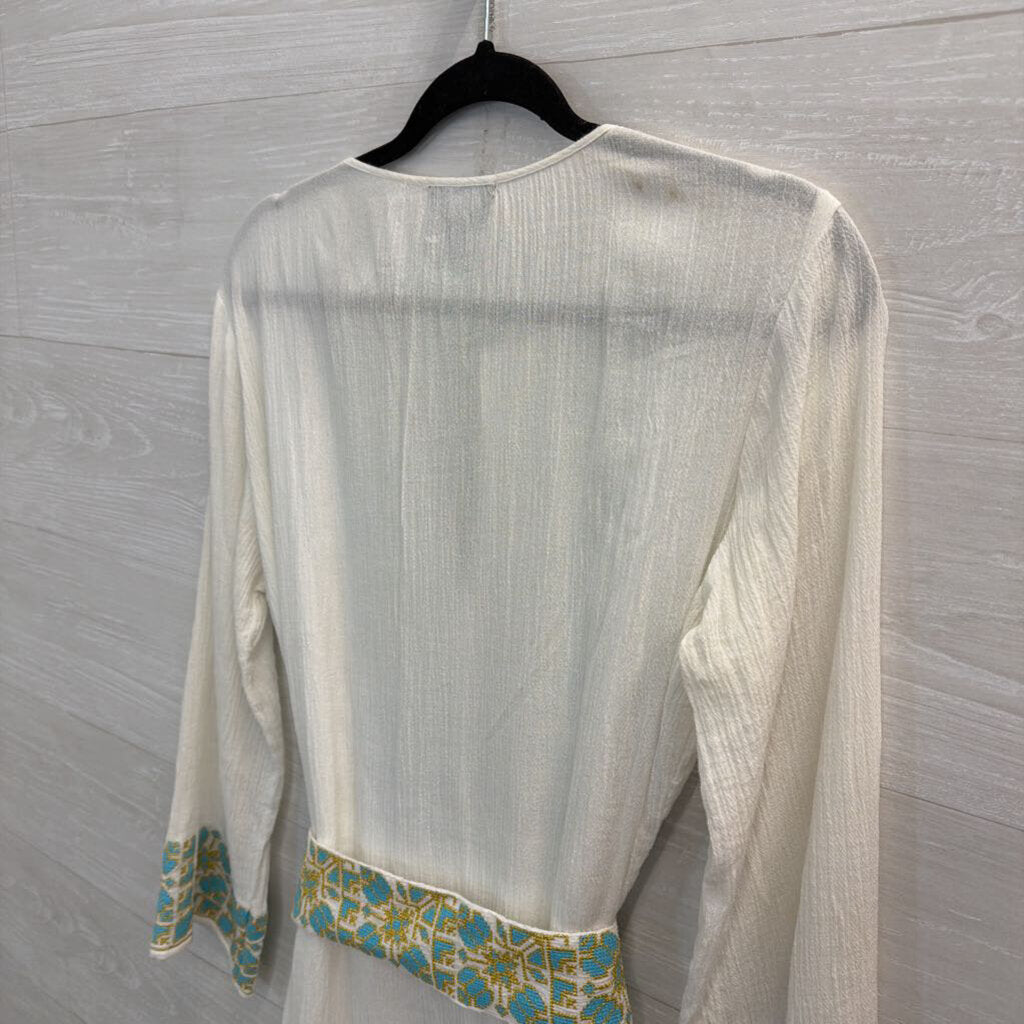 Scoop NYC White/ Blue Embroidered 100% Cotton Long Sleeve Tie Waist Dress Medium