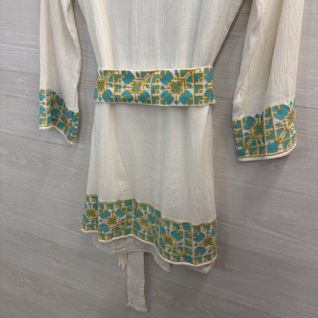 Scoop NYC White/ Blue Embroidered 100% Cotton Long Sleeve Tie Waist Dress Medium