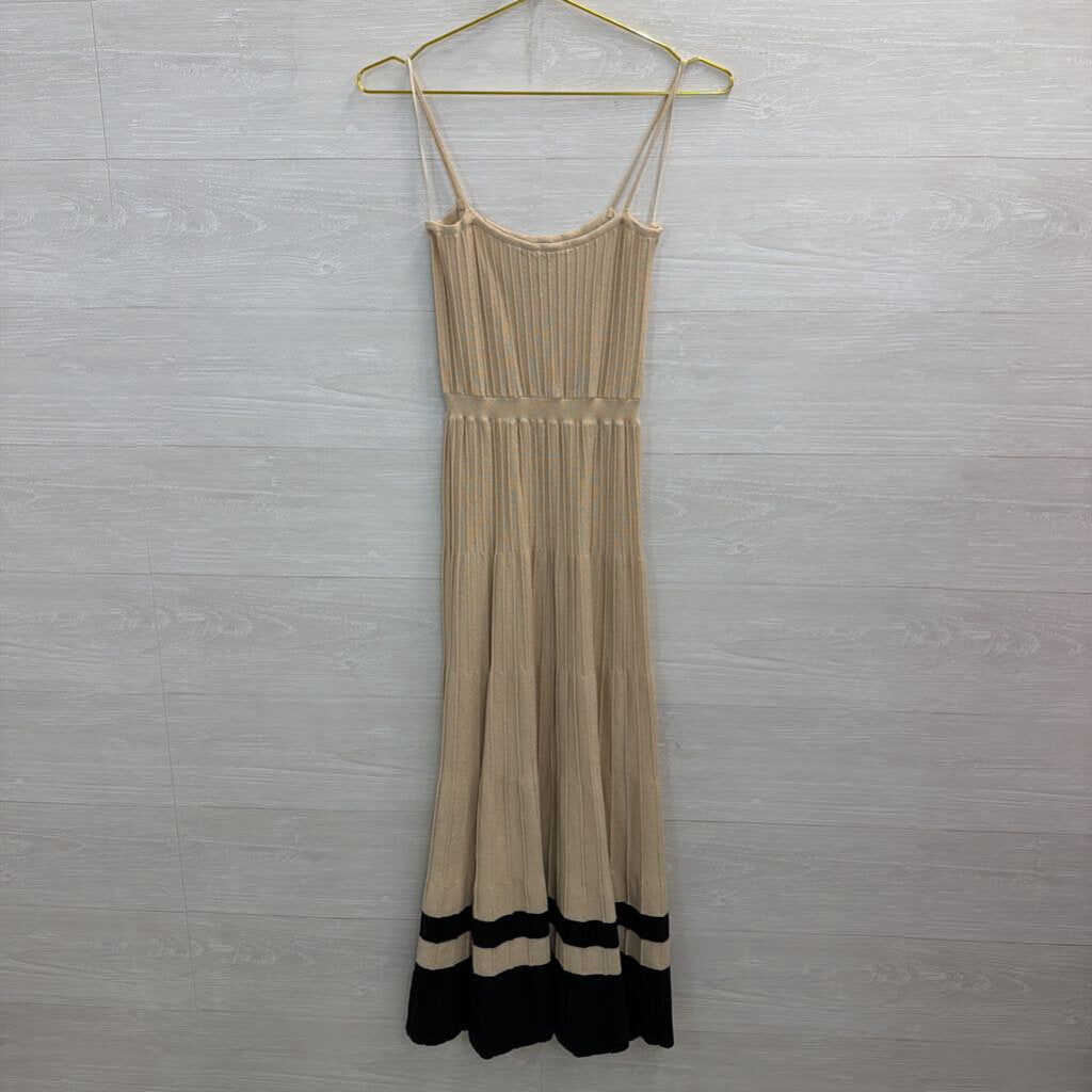 Olivaceous Beige/ Black Stripe Hem Ribbed Midi Dress Medium