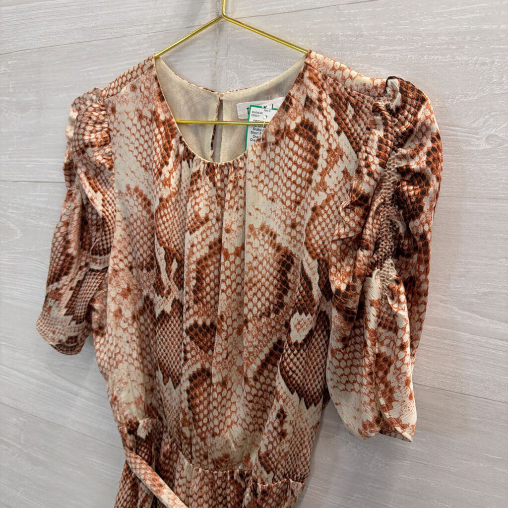 THML Cream/ Orange Snakeskin Print Short Puff Sleeve Dress Medium