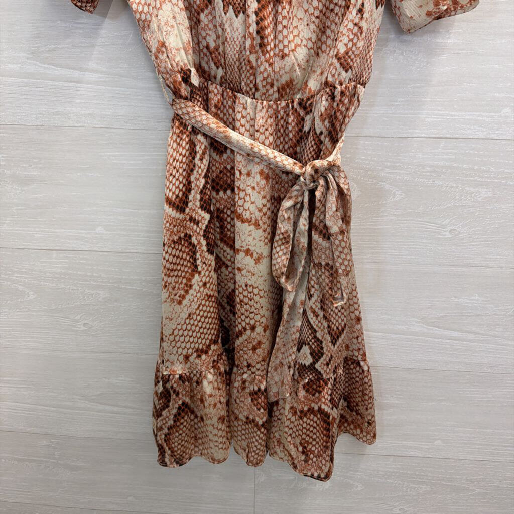 THML Cream/ Orange Snakeskin Print Short Puff Sleeve Dress Medium