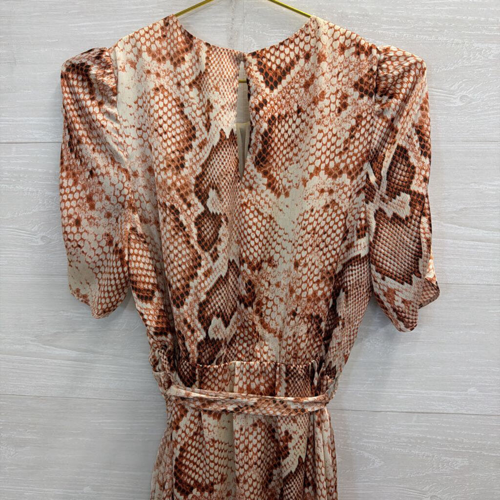 THML Cream/ Orange Snakeskin Print Short Puff Sleeve Dress Medium