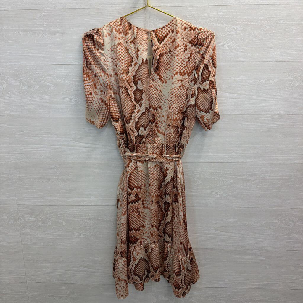 THML Cream/ Orange Snakeskin Print Short Puff Sleeve Dress Medium