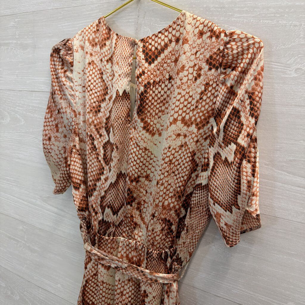 THML Cream/ Orange Snakeskin Print Short Puff Sleeve Dress Medium