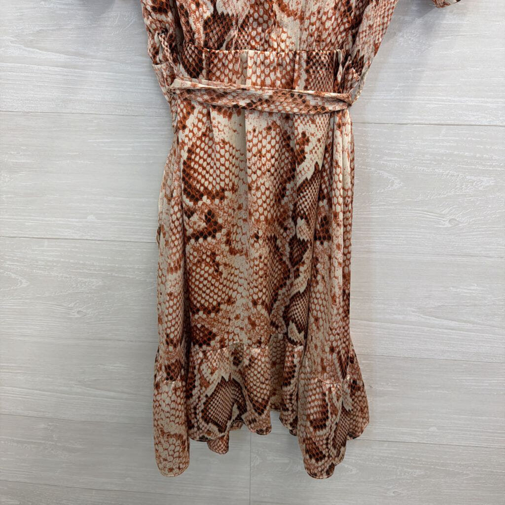 THML Cream/ Orange Snakeskin Print Short Puff Sleeve Dress Medium