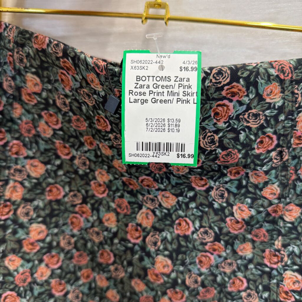Zara Green/ Pink Rose Print Mini Skirt Large