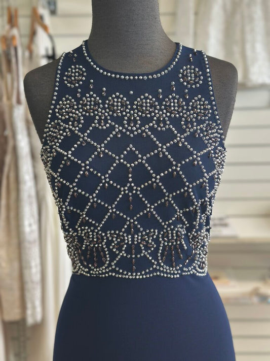 Cachet Navy Silver Beaded Top Long Formal 8