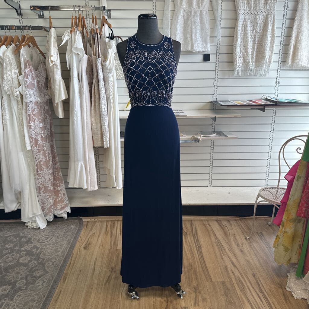 Cachet Navy Silver Beaded Top Long Formal 8