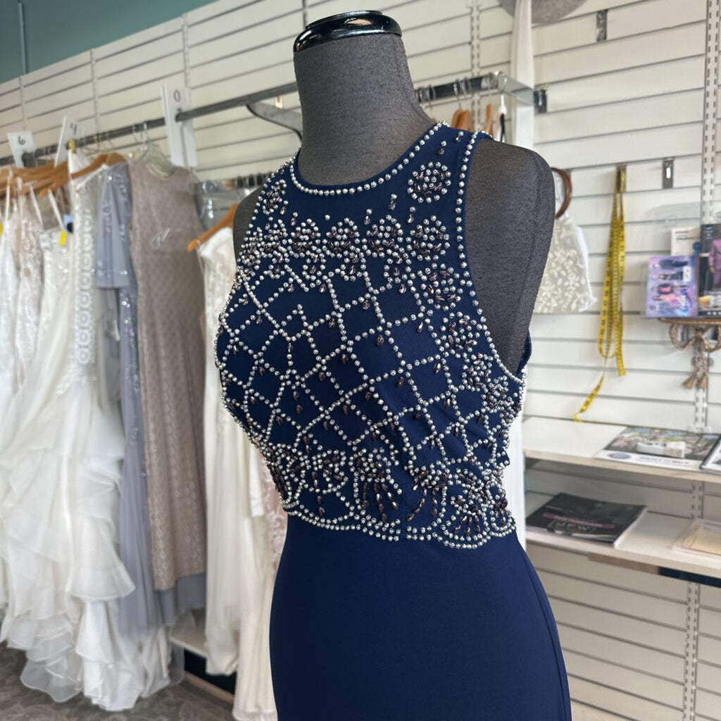 Cachet Navy Silver Beaded Top Long Formal 8