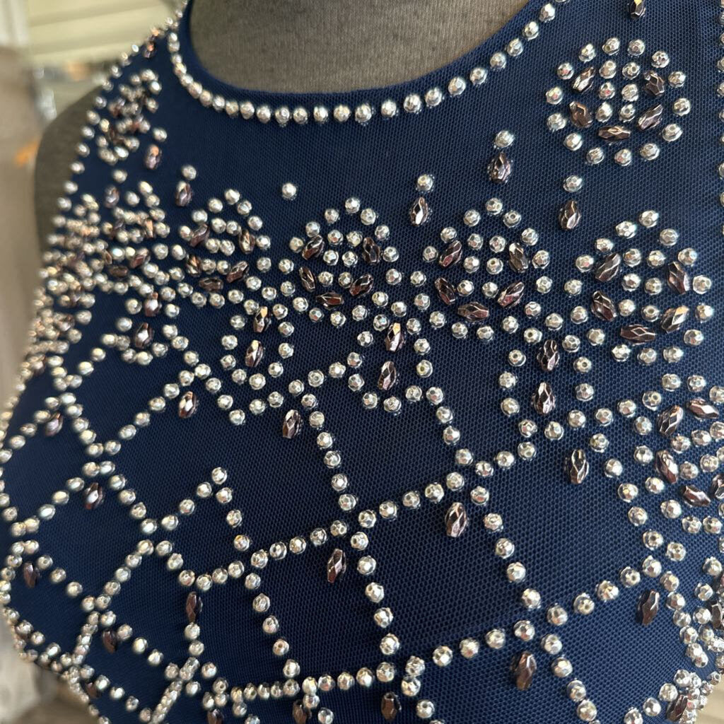 Cachet Navy Silver Beaded Top Long Formal 8