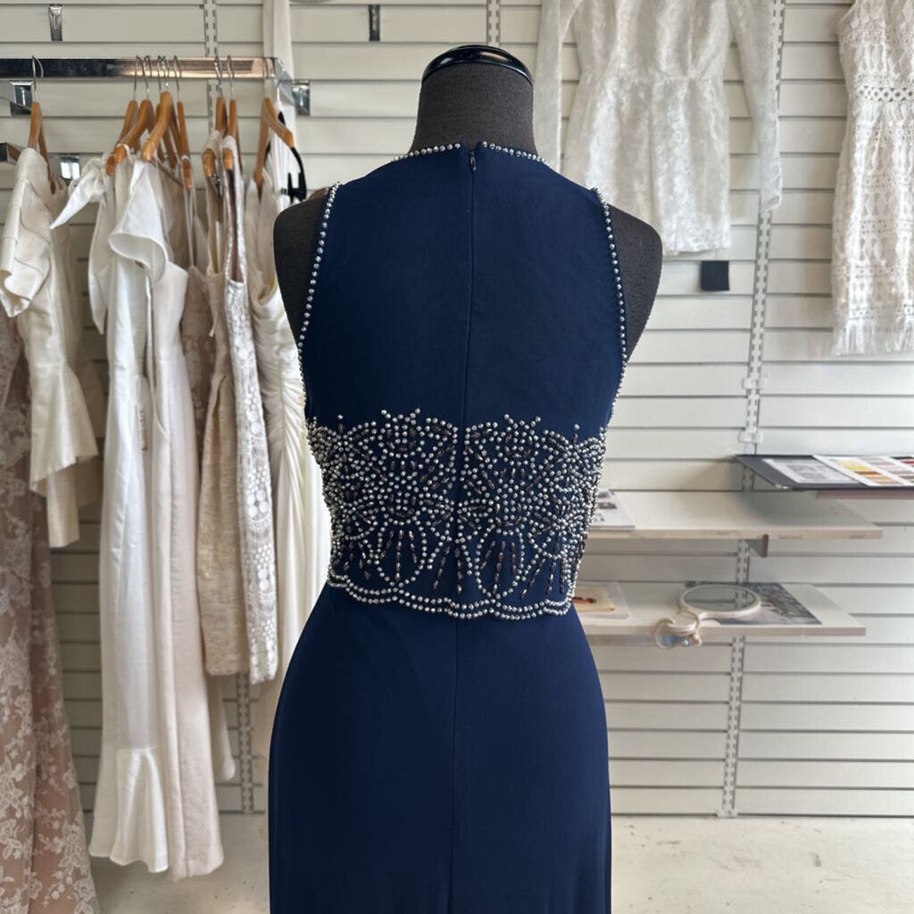 Cachet Navy Silver Beaded Top Long Formal 8