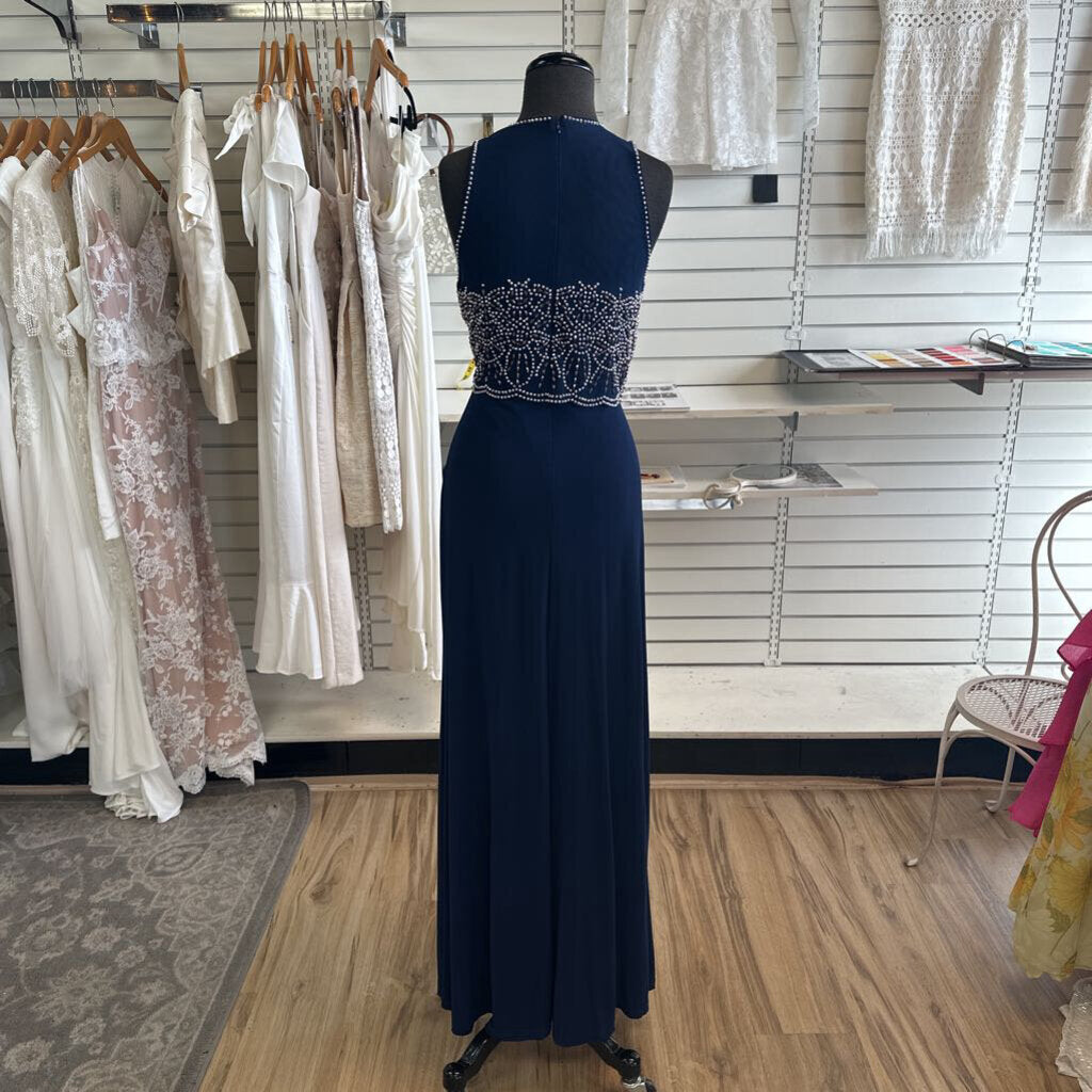 Cachet Navy Silver Beaded Top Long Formal 8